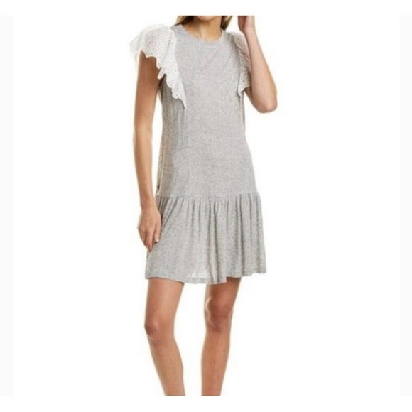 Rebecca Taylor Livy Eyelet Jersey Flutter Sleeve Dress Size Medium Gray Boho - Picture 1 of 8